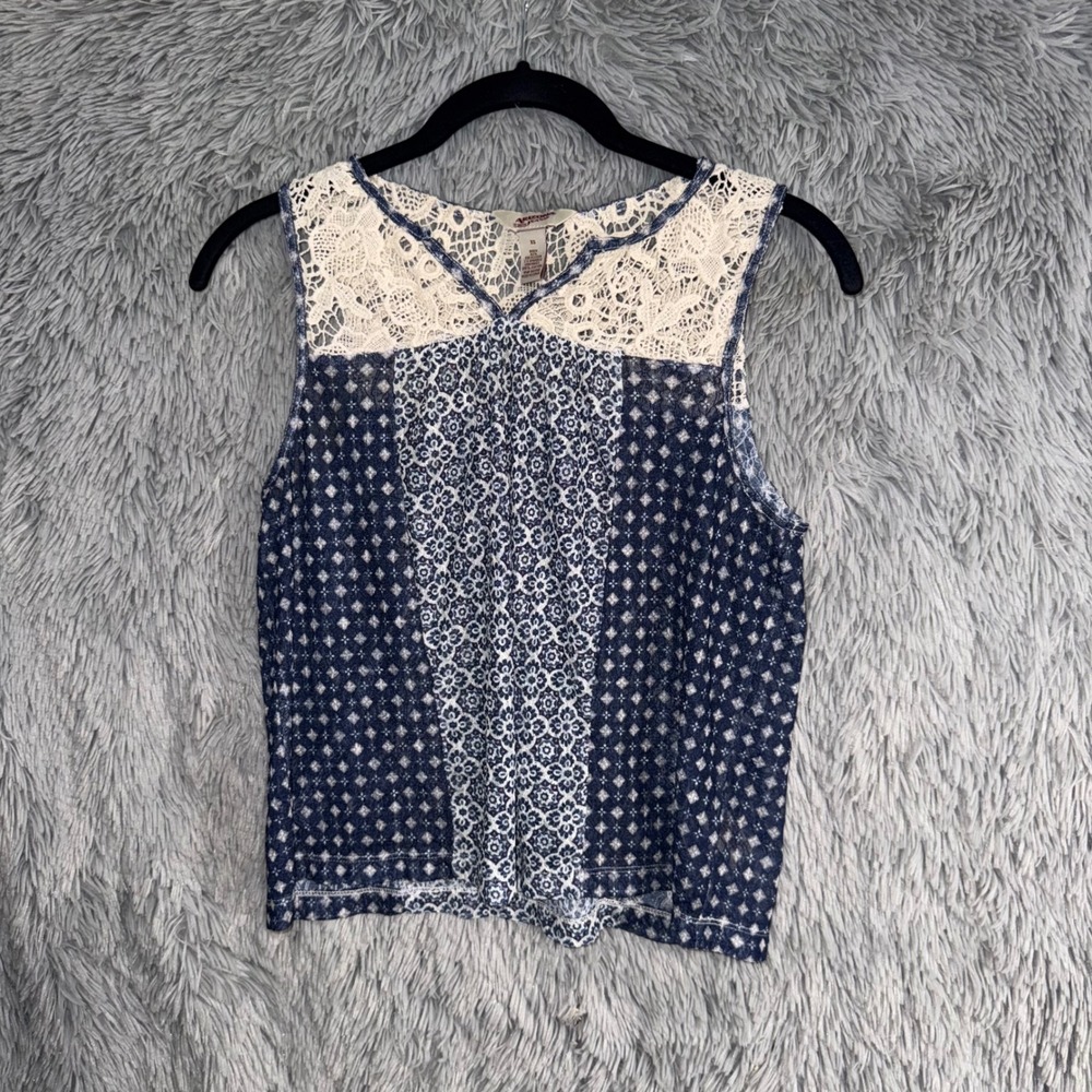 Arizona Jeans Co Womens Lace Yoke Patchwork Print Tank Top XS‎ Blue White